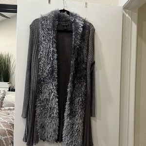 Lauren Mitchell size M long silver shimmery sweater with faux fur trim.
